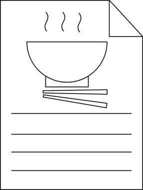 Kağıt simge çizgisi ve yemek çubuklu tüten kase simgesi. Beyaz arka planlı.