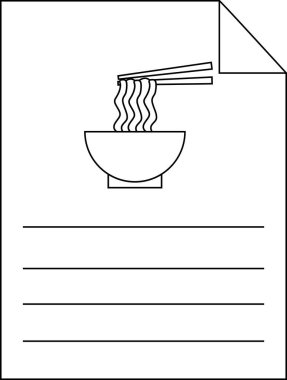 Kağıt ikon çizgisi ve bir kase erişte ikonu. Beyaz arka planda.