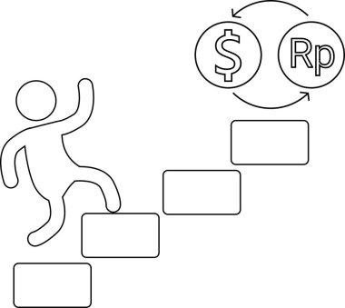 Merdivenleri çıkan bir kişinin simgesi ve dolar sikkelerini rupia sikkelerine dönüştüren bir simge.