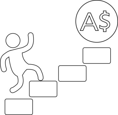 Merdivenleri çıkan bir kişinin simgesi ve Avustralya dolarının simgesi. Beyaz bir arka planı var.