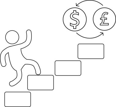 Bir kişinin merdivenleri tırmanması ve madeni paraları sterlin basmaya dönüştürme ikonu.