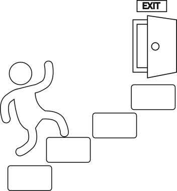 Merdivenleri tırmanan kişi ikonu ve çıkış kapısı ikonu. Beyaz arkaplanı var.