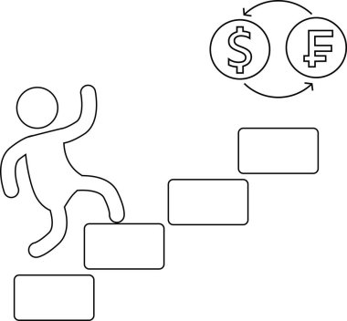 Bir merdiveni tırmanan kişinin simgesi ve dolar sikkelerini Frank sikkelerine dönüştüren beyaz arka planı olan bir simge.