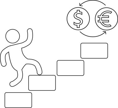 Merdivenleri çıkan bir kişinin simgesi ve dolar sikkelerini avro sikkelerine çevirme simgesi.