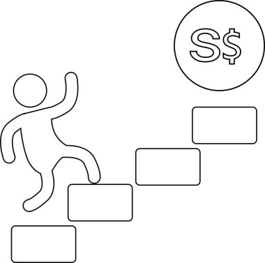 Merdivenleri çıkan bir kişinin simgesi ve Singapur dolarının simgesi. Beyaz bir arka planı var.