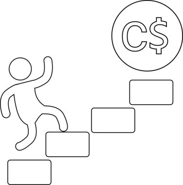 Basamakları tırmanan kişinin simgesi ve beyaz arkaplanı olan Kanadalı doların simgesi.