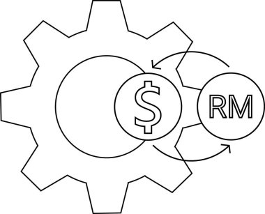 line icon gear wheel and icon convert dollar coins to Malaysian ringgit coins.with a white background