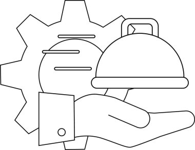 line icon of a gear wheel and icon of a hand holding a fast food lid.with a white background