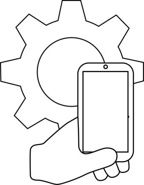 line icon of gear and icon holding smartphone.with a white background