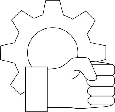 line icon of a gear wheel and icon of a hand holding a wheel.with a white background