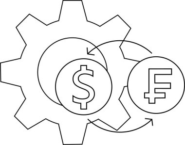 gear icon and icon convert dollar coins to frank coins.with a white background