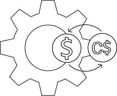 gear icon and icon convert dollar coins to Canadian dollar coins.with a white background