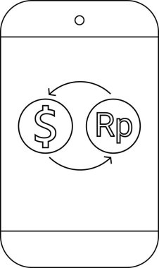 Rupiah madeni para dönüştürme simgesine akıllı telefon hattı simgesi ve dolar sikkesi.