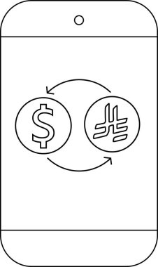 Akıllı telefon hattı simgesi ve dolar sikkesi riyal bozuk para dönüştürme simgesi. Beyaz arkaplan