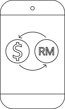 Akıllı telefon hattı simgesi ve dolar sikkesi Malezya ringgit madeni para dönüştürme simgesi.