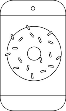 Akıllı telefon hattı simgesi ve üzerine çikolata serpiştirilmiş donut ikonu. Beyaz arkaplanı var.