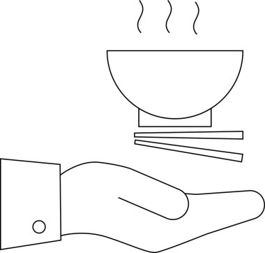 line icon of a hand carrying a hot bowl and chopsticks icon.with a white background