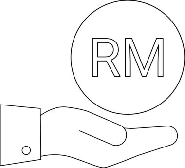 line icon of a hand carrying a Malaysian ringgit coin icon.with a white background