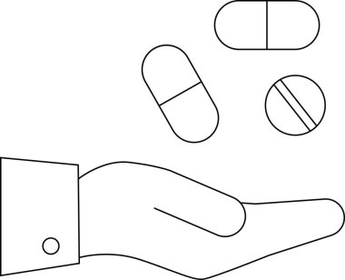 line icon of a hand carrying a medicine pill icon.with a white background