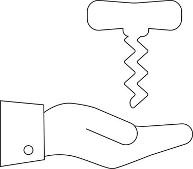 line icon of a hand carrying a wine corkscrew icon.with a white background