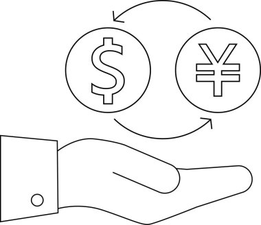 line icon hand carrying icon convert dollar coins to Japanese yen coins.with a white background