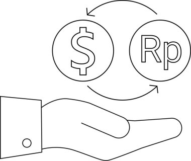 line icon hand carrying icon convert dollar coins to Indonesian rupiah coins.with a white background