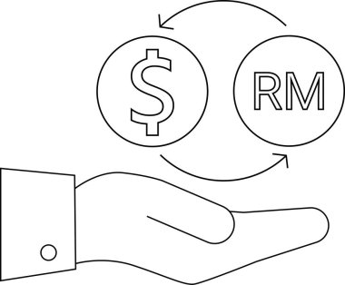 line icon hand carrying icon convert dollar coins to Malaysian ringgit coins.with a white background