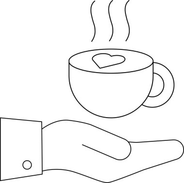 line icon of a hand carrying a cup of hot late coffee icon.with a white background