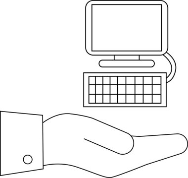 line icon of a hand carrying a computer icon.with a white background