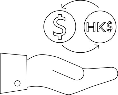line icon hand carrying icon convert dollar coins to Hong Kong dollar coins.with a white background