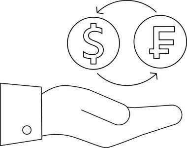 line icon hand carrying icon convert dollar coins to franc coins.with a white background