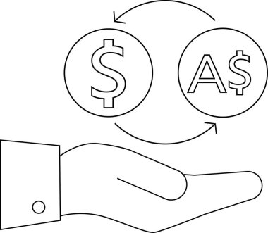 line icon hand carrying icon convert dollar coins to australian dollar coins.with a white background