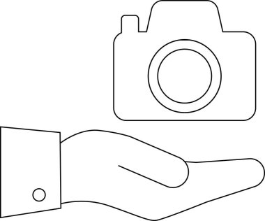 line icon of a hand carrying a camera icon.with a white background
