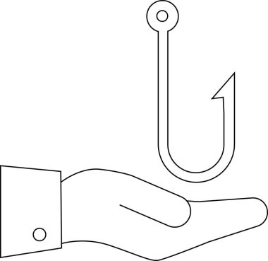line icon of a hand carrying a fishing hook icon.with a white background
