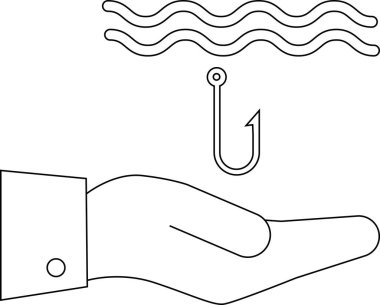 line icon of a hand carrying a fishing hook icon in the sea.with a white background