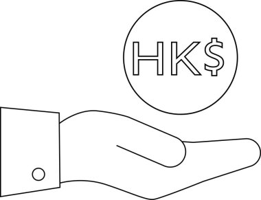 line icon of a hand carrying a Hong Kong dollar coin icon.with a white background