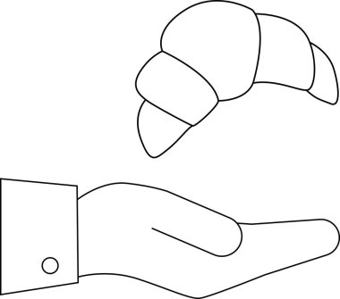 line icon of a hand carrying a croissant icon.with a white background