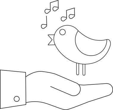 line icon of a hand carrying a singing bird icon.with a white background
