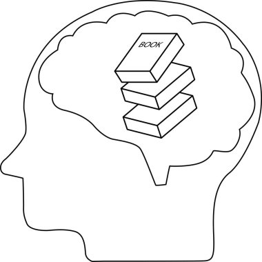 insan beyninin çizgi simgesi ve beyaz arkaplanı olan bir yığın kitap ikonu.