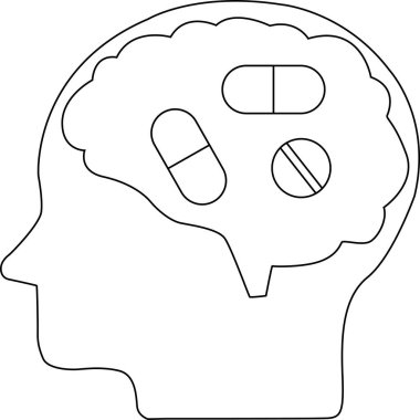 İnsan beyni kafası ve ilaç ikonu. Beyaz arkaplanı var.