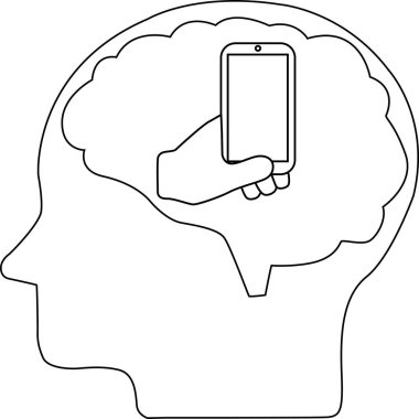 İnsan beyninin beyin ve el simgesinin beyaz arkaplanı olan akıllı telefon taşıyan çizgi simgesi.