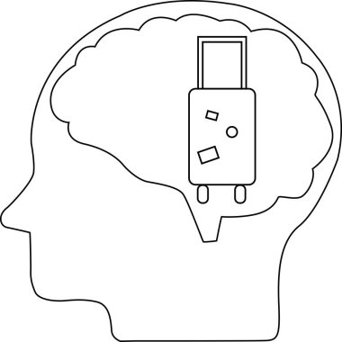 İnsan beyni başı ve bavul simgesi. Beyaz arkaplan.