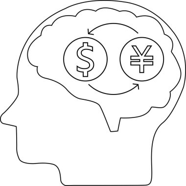 İnsan beyninin çizgi simgesi ve dolar sikkelerini yeni sikkelere dönüştürme simgesi.