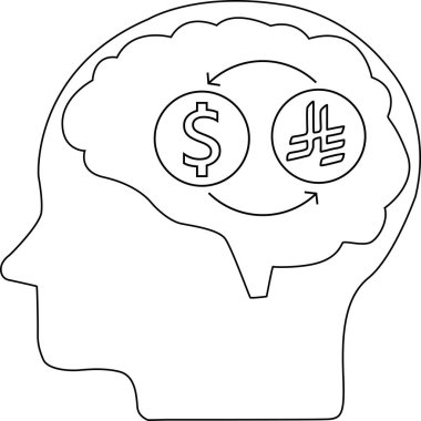 İnsan beyninin çizgi ikonu ve riyal bozuk para dönüştürme ikonu. Beyaz arka planlı.