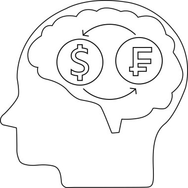 İnsan beyni başı ve Frank madeni para dönüştürme ikonu. Beyaz arka planlı.