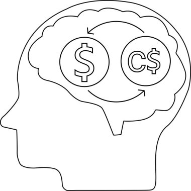 İnsan beyninin çizgi simgesi ve dolar sikkelerini Kanada dolarına çevirme simgesi.