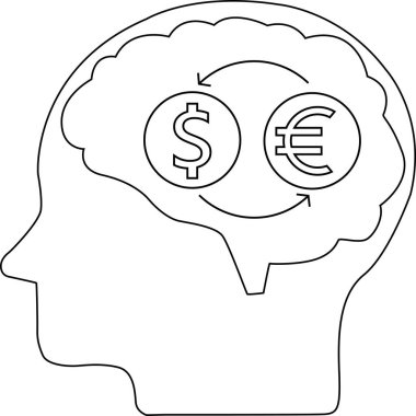 İnsan beyninin çizgi simgesi ve dolar sikkelerini avro sikkelerine çevirme simgesi.