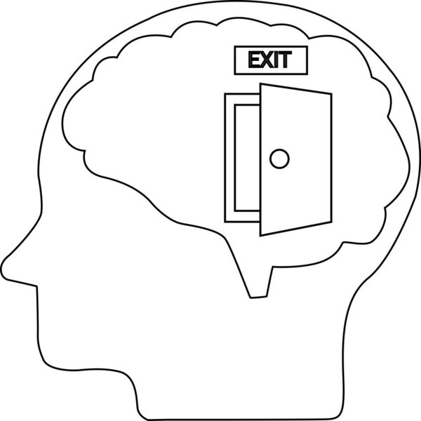 иконка в виде головы человеческого мозга и двери выхода на белом фоне.