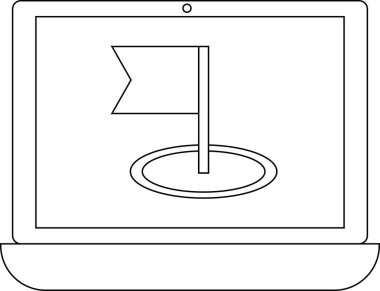 dizüstü bilgisayar çizgisi simgesi ve golf bayrağı simgesi. Beyaz arkaplan