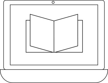 Dizüstü bilgisayarın satır simgesi ve açık kitabın simgesi. Beyaz arkaplan